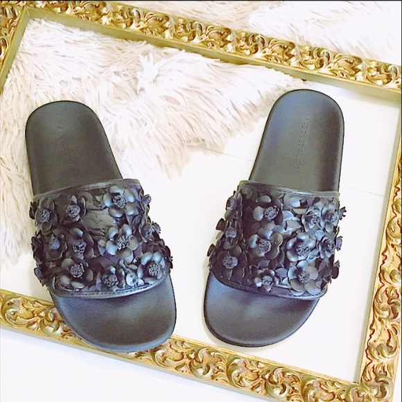 Stella Black Floral Embellished Slide Sandal NIB 6 - Picture 3 of 11